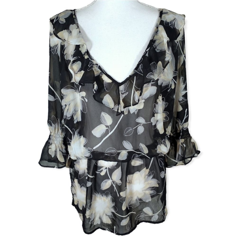BISOU BISOU BLACK & CREAM FLORAL SHEER BLOUSE SZ.L EUC
